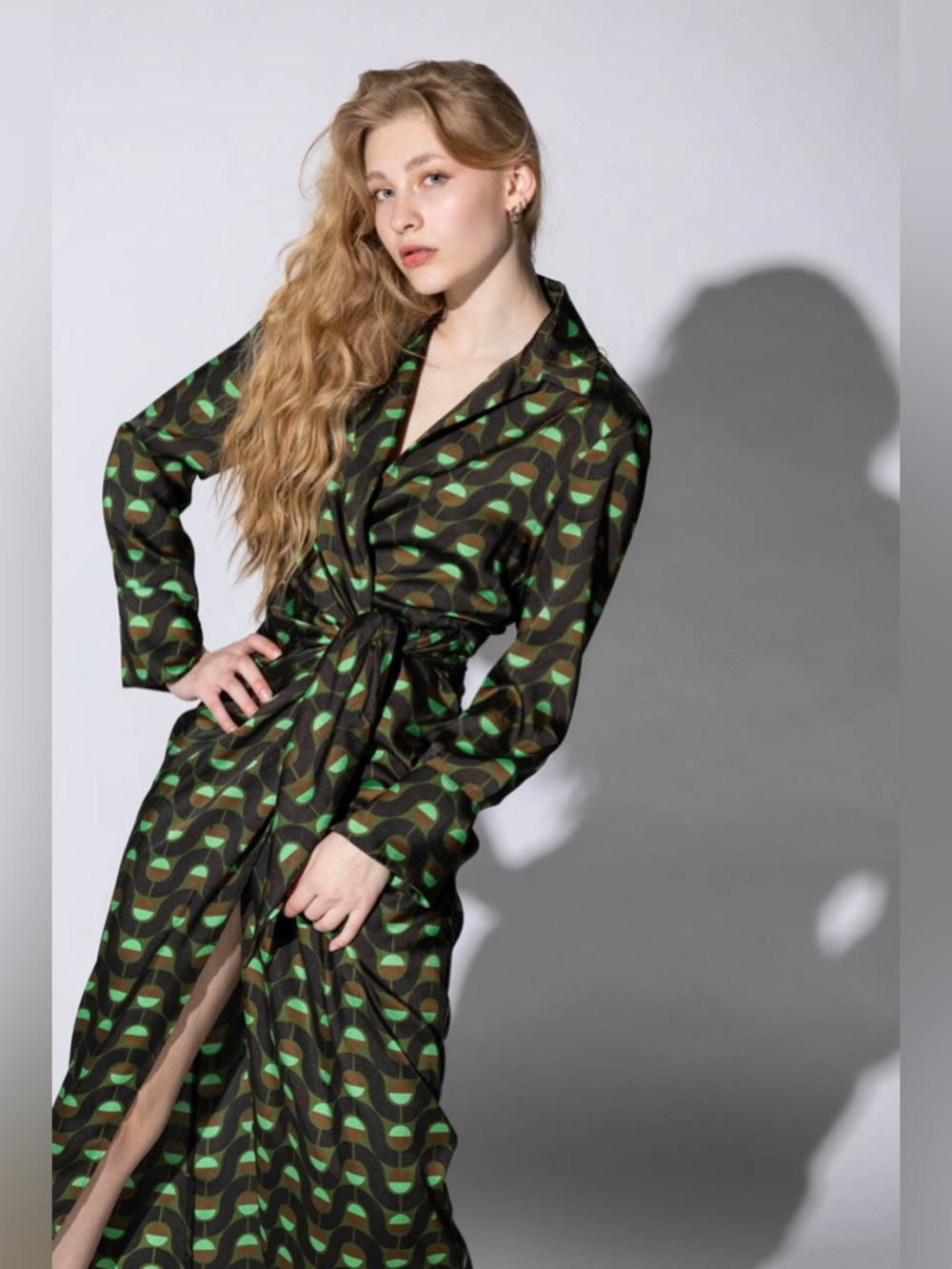 Zara Green Geometric Abstract Print Satin Wrap Maxi Dress XS